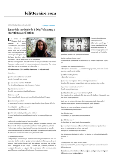 « La poésie verticale de Silvia Velázquez : entretien avec l’artiste » par Jean-Paul Gavard-Perret, publié dans le site lelitteraire.com en mai 2016